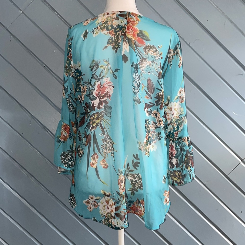 Bryn Walker Floral Blue High-low Ruffle Sleeve Semi Sheer blouse - Picture 6 of 7